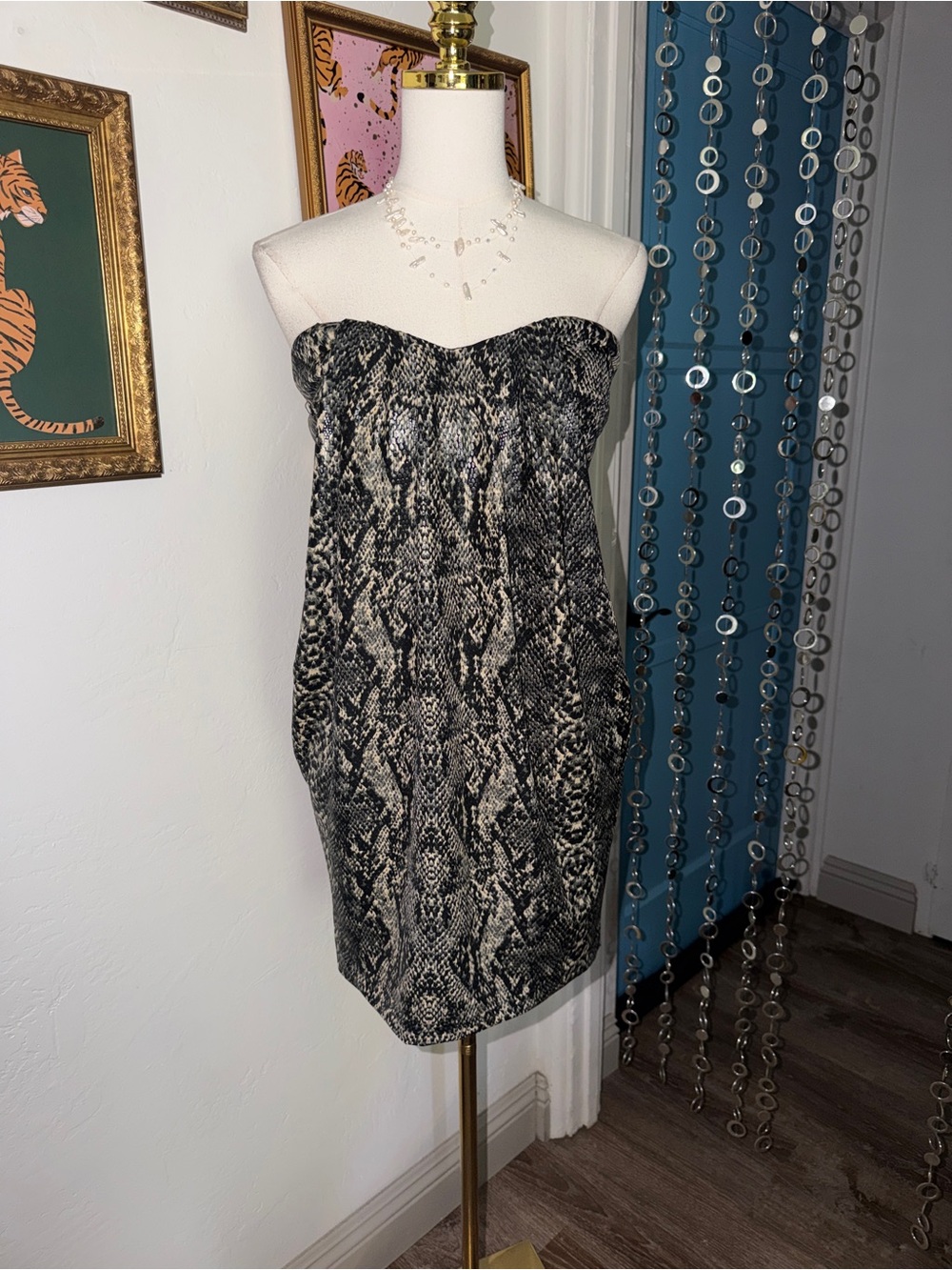 Vintage Y2K Strapless Snake-Print Tube Bubble Dress in Black and Gray